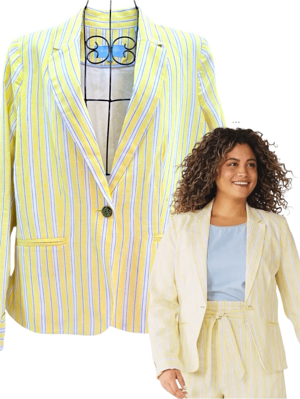 Draper James Yellow Blue Striped Single-Button Preppy Stylish Blazer Size S